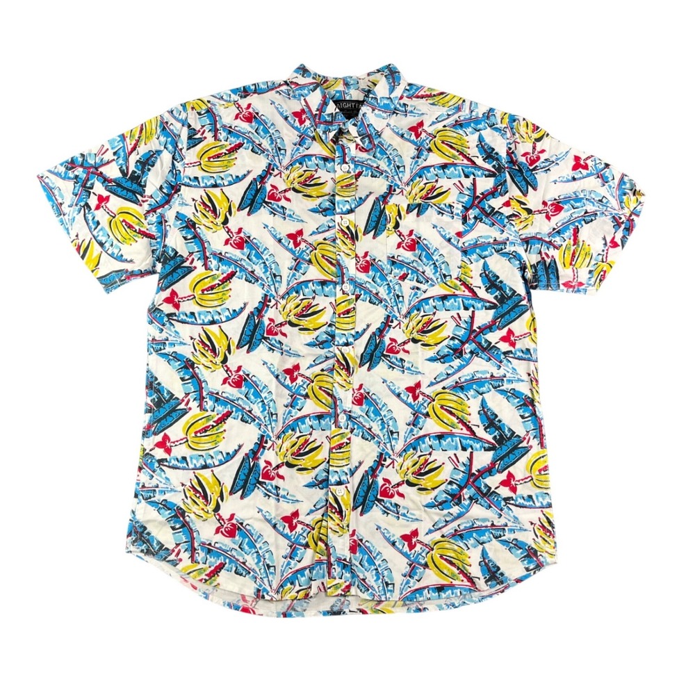 Straight Faded Mens Large Tropical Banana Leaf Floral Cotton Button Down Shirt